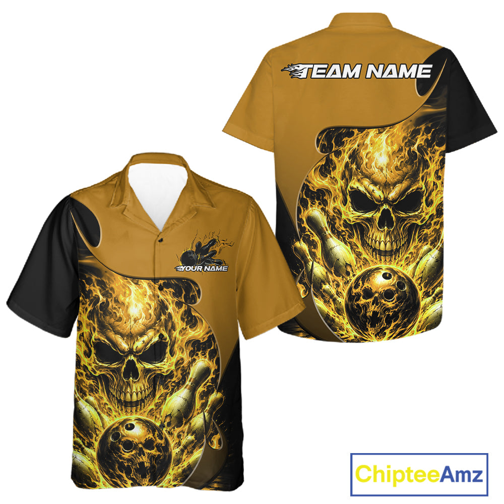 Custom Black And Yellow Fire Flame Halloween Skull Bowling Men And Women Button Up Shirt, Team Jersey IPHW12002