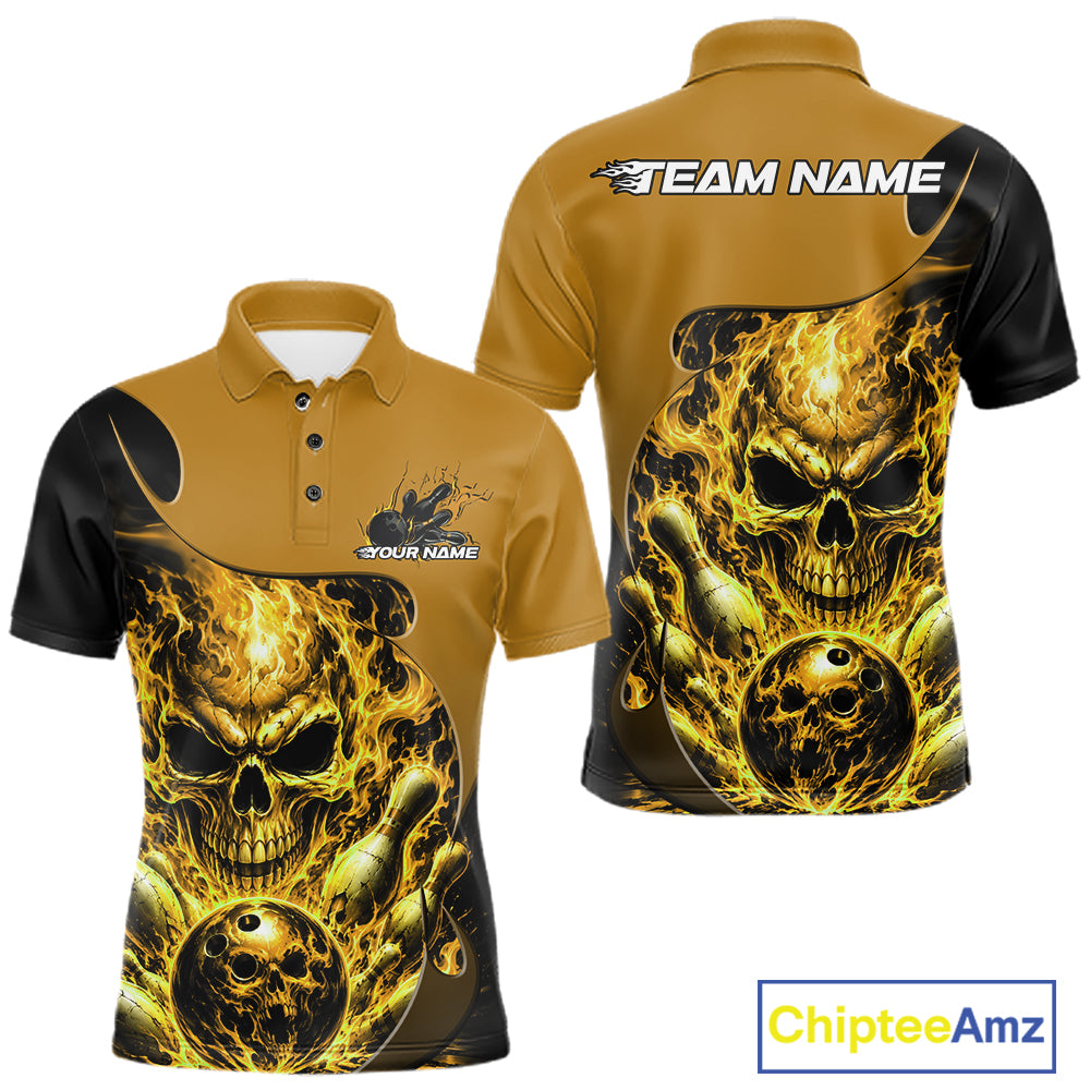 Custom Black And Yellow Fire Flame Halloween Skull Bowling Men Polo Shirt, Team Jersey IPHW12002