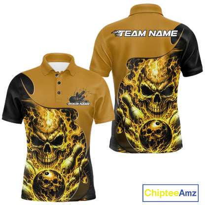 Custom Black And Yellow Fire Flame Halloween Skull Bowling Men Polo Shirt, Team Jersey IPHW12002