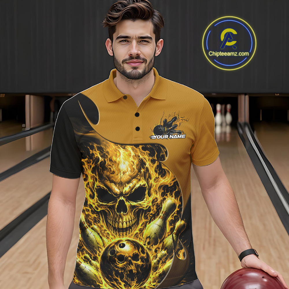 Custom Black And Yellow Fire Flame Halloween Skull Bowling Men Polo Shirt, Team Jersey IPHW12002