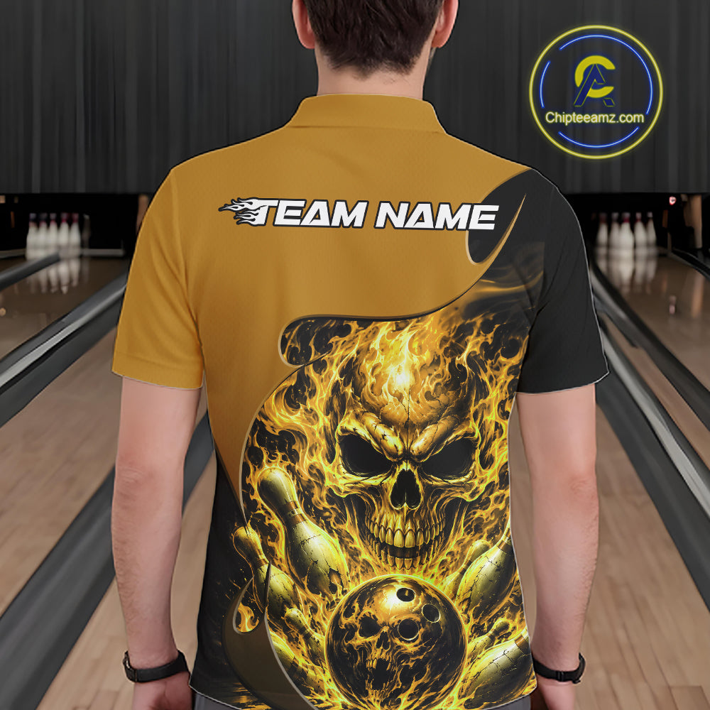 Custom Black And Yellow Fire Flame Halloween Skull Bowling Men Polo Shirt, Team Jersey IPHW12002