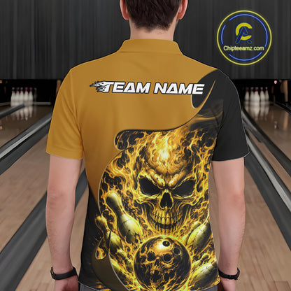 Custom Black And Yellow Fire Flame Halloween Skull Bowling Men Polo Shirt, Team Jersey IPHW12002