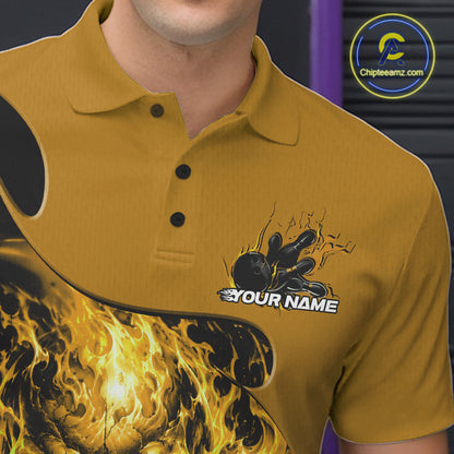 Custom Black And Yellow Fire Flame Halloween Skull Bowling Men Polo Shirt, Team Jersey IPHW12002