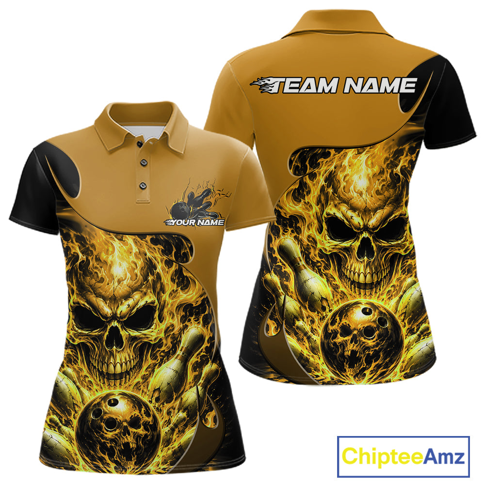 Custom Black And Yellow Fire Flame Halloween Skull Bowling Women Polo Shirt, Team Jersey IPHW12002