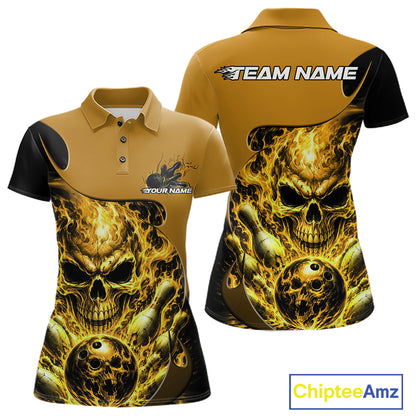 Custom Black And Yellow Fire Flame Halloween Skull Bowling Women Polo Shirt, Team Jersey IPHW12002