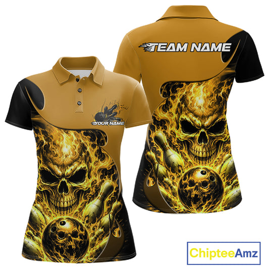 Custom Black And Yellow Fire Flame Halloween Skull Bowling Women Polo Shirt, Team Jersey IPHW12002