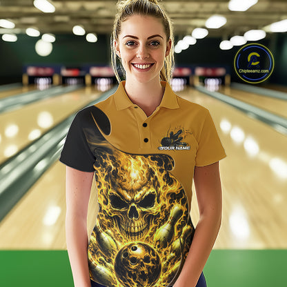 Custom Black And Yellow Fire Flame Halloween Skull Bowling Women Polo Shirt, Team Jersey IPHW12002