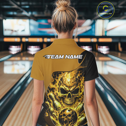 Custom Black And Yellow Fire Flame Halloween Skull Bowling Women Polo Shirt, Team Jersey IPHW12002
