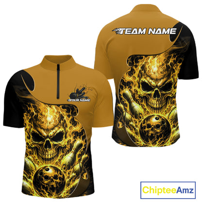 Custom Black And Yellow Fire Flame Halloween Skull Bowling Men Quarter Zip Shirt, Team Jersey IPHW12002