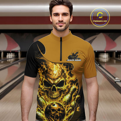 Custom Black And Yellow Fire Flame Halloween Skull Bowling Men Quarter Zip Shirt, Team Jersey IPHW12002