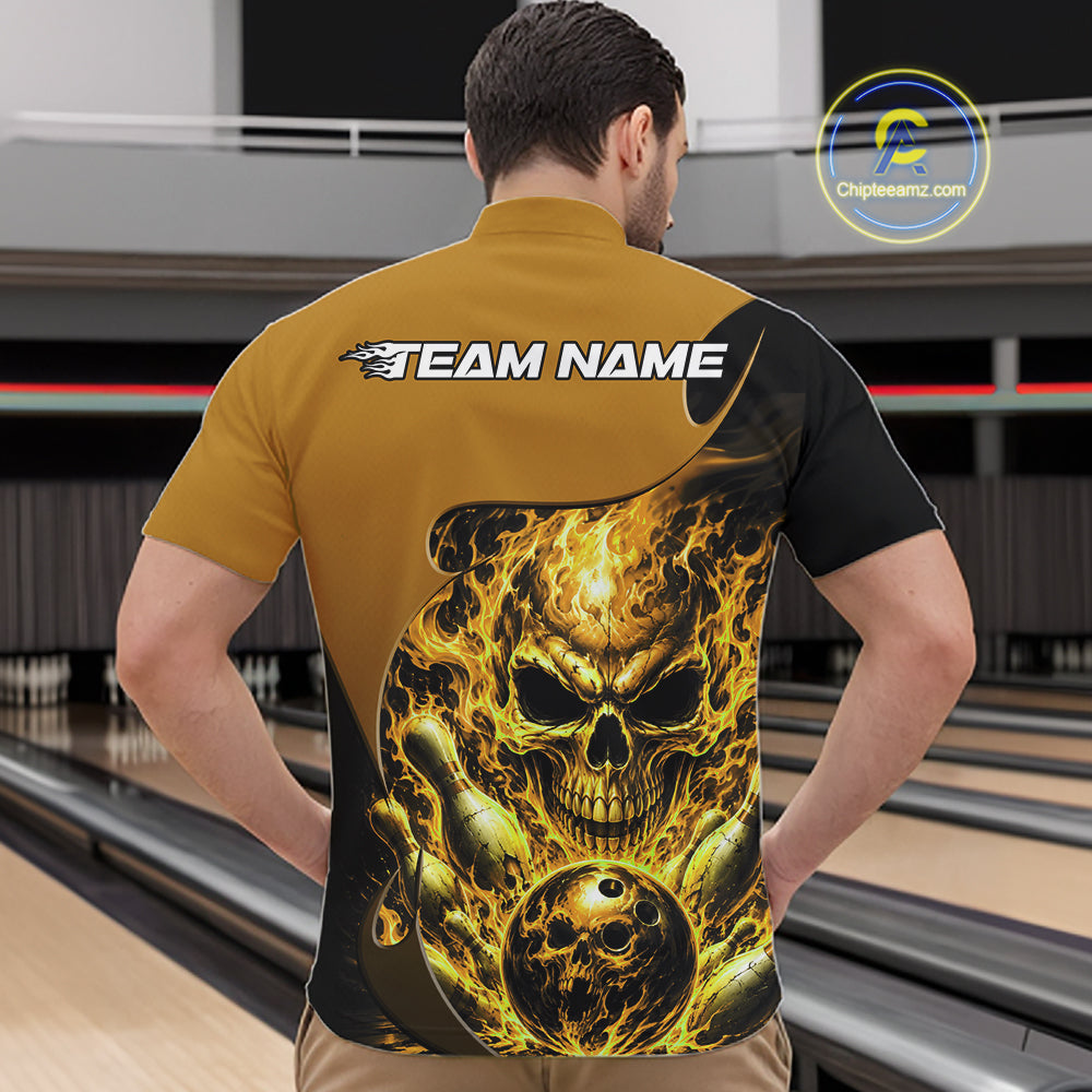 Custom Black And Yellow Fire Flame Halloween Skull Bowling Men Quarter Zip Shirt, Team Jersey IPHW12002