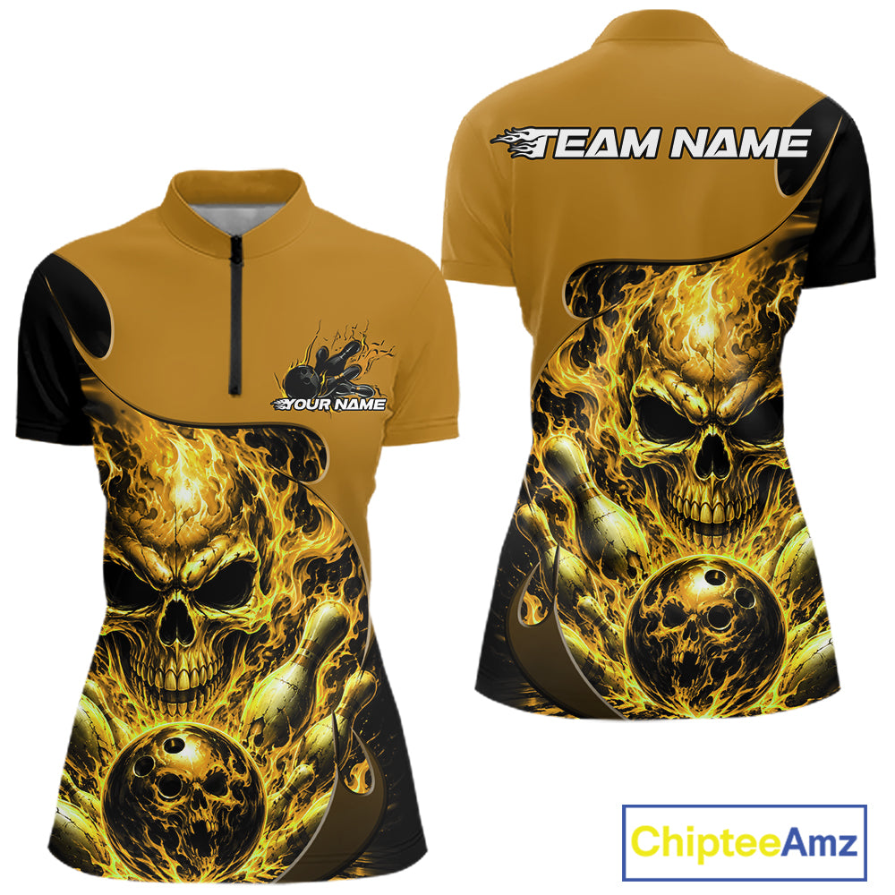 Custom Black And Yellow Fire Flame Halloween Skull Bowling Women Quarter-Zip Shirt IPHW12002