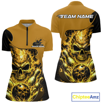 Custom Black And Yellow Fire Flame Halloween Skull Bowling Women Quarter-Zip Shirt IPHW12002