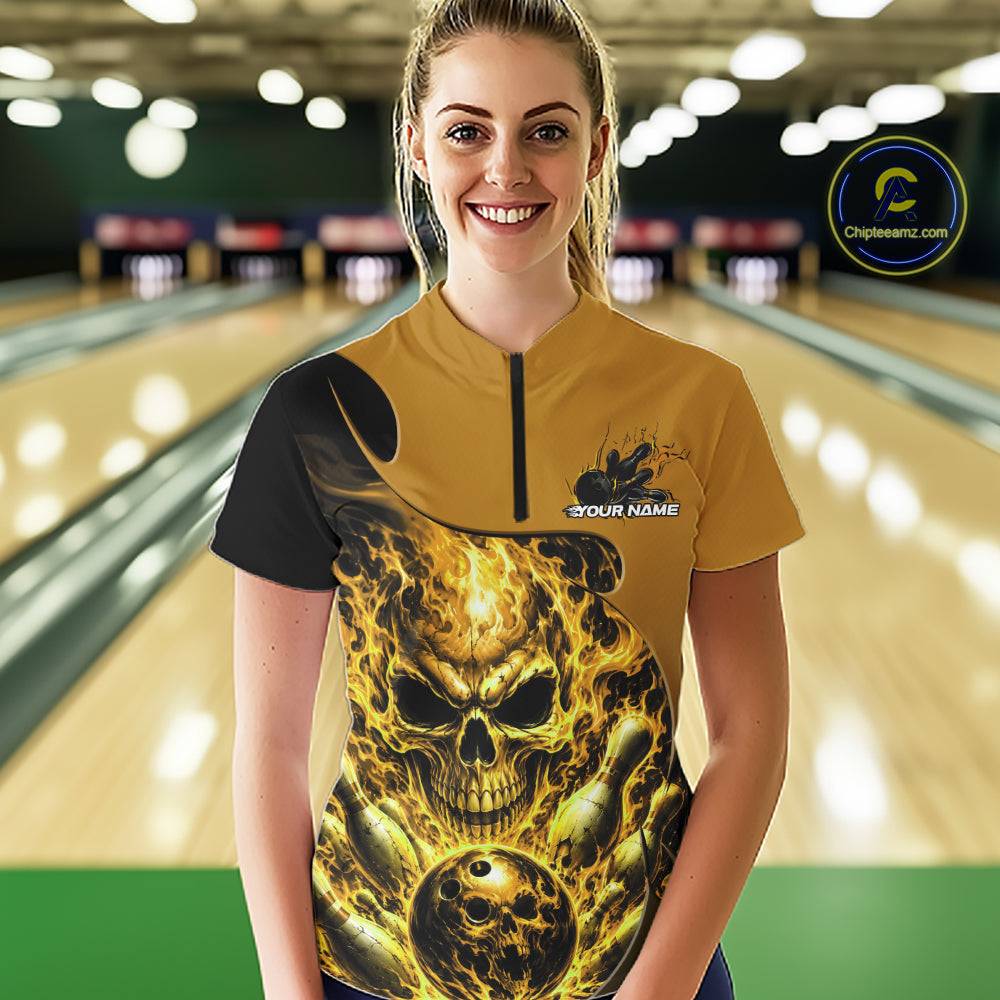 Custom Black And Yellow Fire Flame Halloween Skull Bowling Women Quarter-Zip Shirt IPHW12002