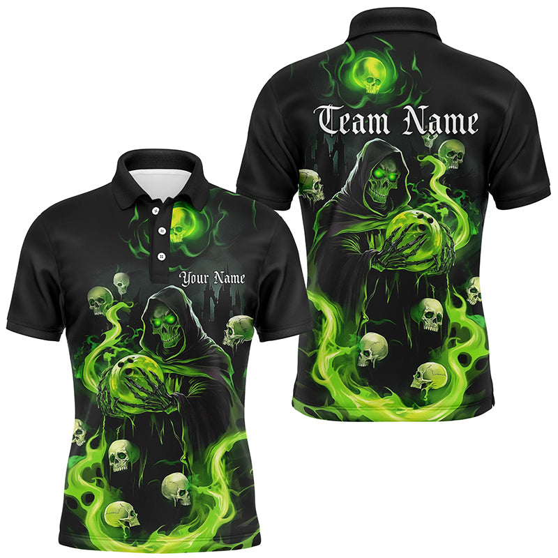 Black And Green Flame Grim Reaper Custom Halloween Bowling Shirts For Men, Team Bowlers Outfits IPHW7611