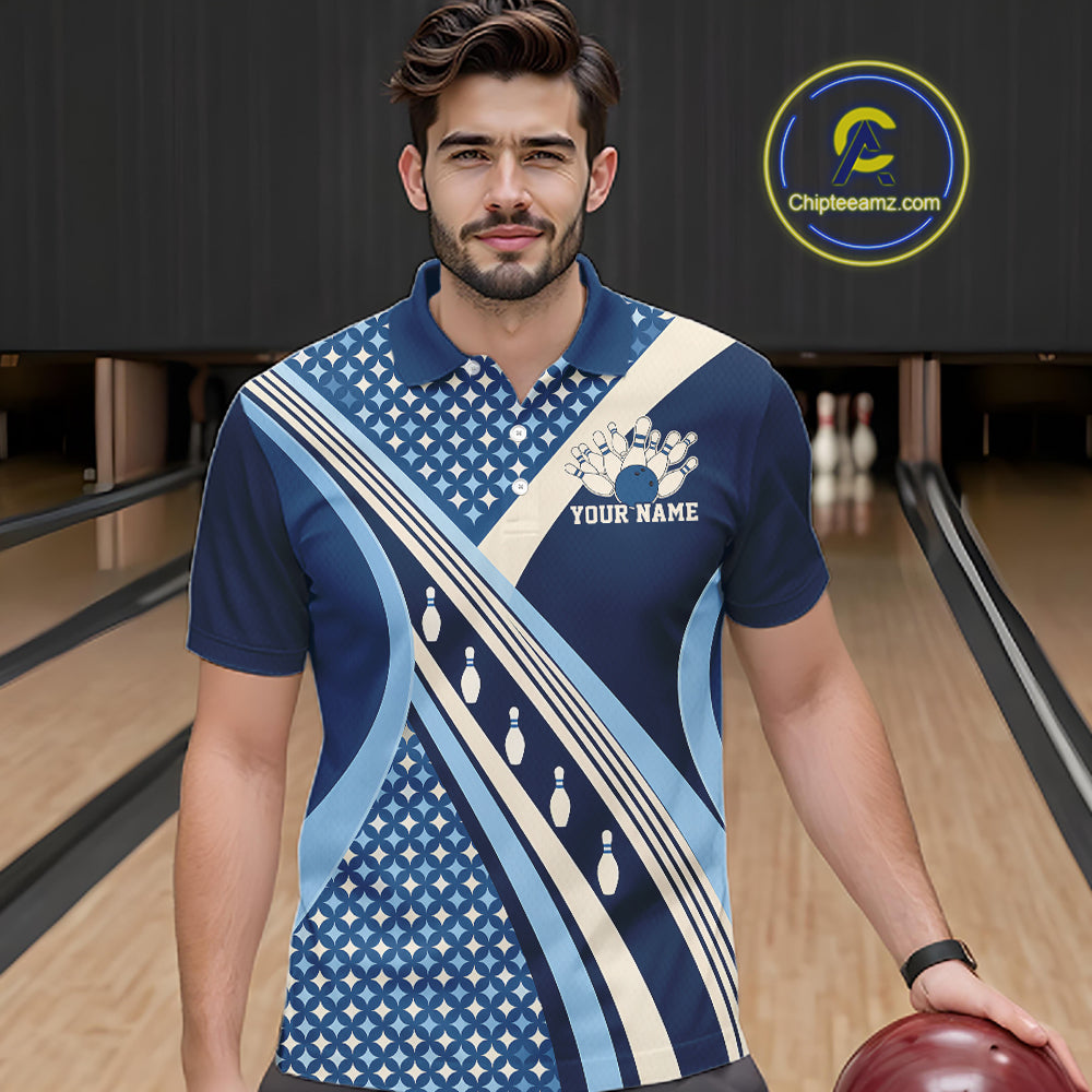 Custom Blue Classic Retro Matching Bowling Team League Shirt, Bowling Men Polo Shirt IPHW12362