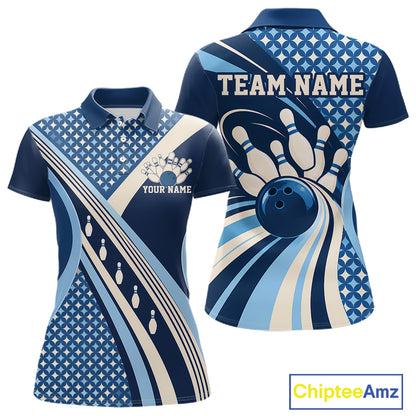 Custom Blue Classic Retro Matching Bowling Team League Shirt, Bowling Women Polo Shirt IPHW12362