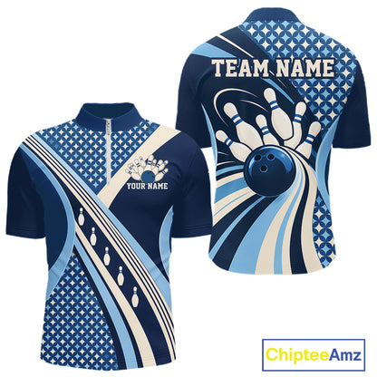 Custom Blue Classic Retro Matching Bowling Team League Shirt, Bowling Men Quarter Zip Shirt IPHW12362