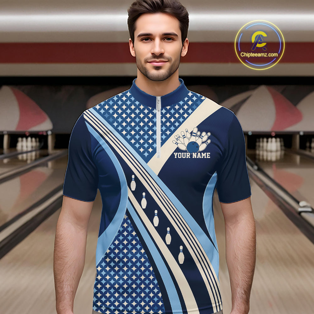 Custom Blue Classic Retro Matching Bowling Team League Shirt, Bowling Men Quarter Zip Shirt IPHW12362
