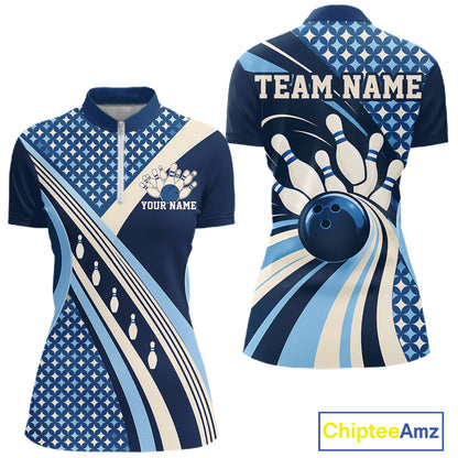 Custom Blue Classic Retro Matching Bowling Team Shirt, Bowling Women Quarter-Zip Shirt IPHW12362