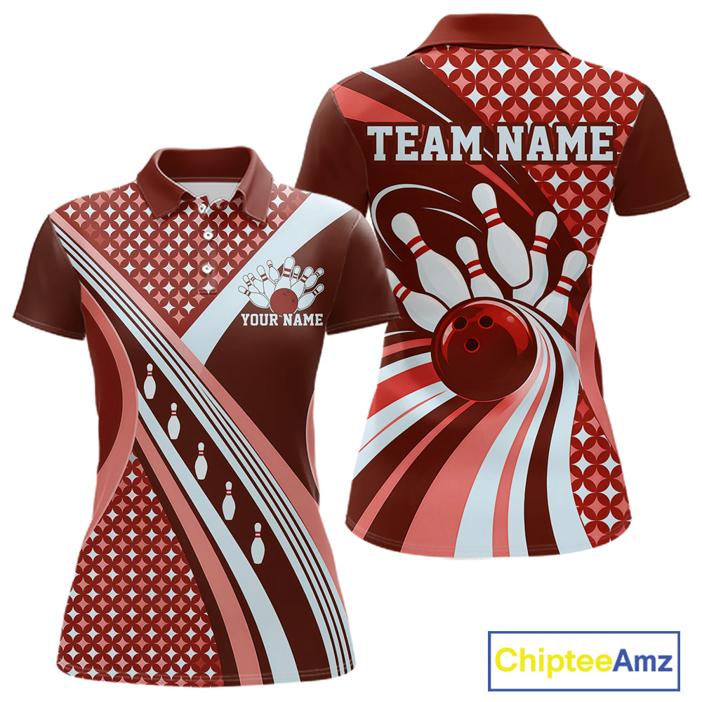 Custom Burgundy Red Classic Retro Bowling Team League Shirt, Bowling Women Polo Shirt IPHW12363