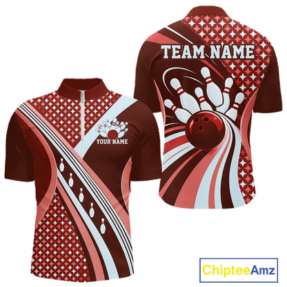 Custom Burgundy Red Classic Retro Bowling Team League Shirt, Bowling Men Quarter Zip Shirt IPHW12363