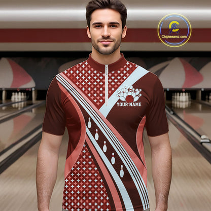 Custom Burgundy Red Classic Retro Bowling Team League Shirt, Bowling Men Quarter Zip Shirt IPHW12363
