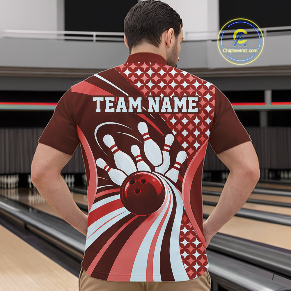 Custom Burgundy Red Classic Retro Bowling Team League Shirt, Bowling Men Quarter Zip Shirt IPHW12363