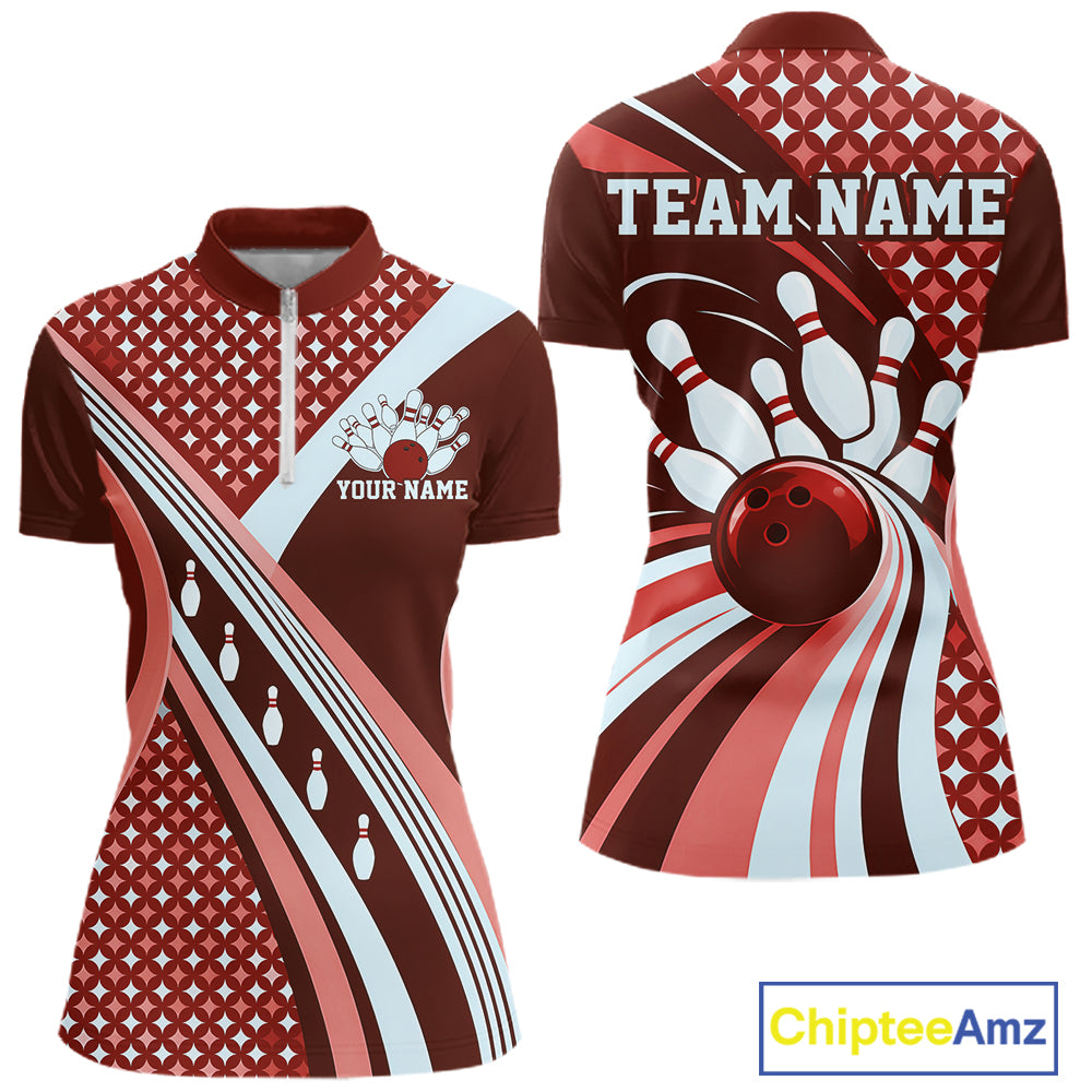 Custom Burgundy Red Classic Retro Bowling Team Shirt, Bowling Women Quarter-Zip Shirt IPHW12363