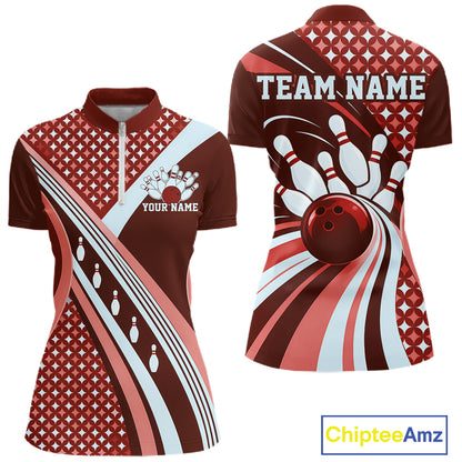 Custom Burgundy Red Classic Retro Bowling Team Shirt, Bowling Women Quarter-Zip Shirt IPHW12363