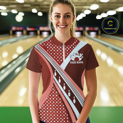 Custom Burgundy Red Classic Retro Bowling Team Shirt, Bowling Women Quarter-Zip Shirt IPHW12363