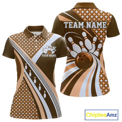 Custom Brown Classic Retro Matching Bowling Team League Shirt, Bowling Women Polo Shirt IPHW12364