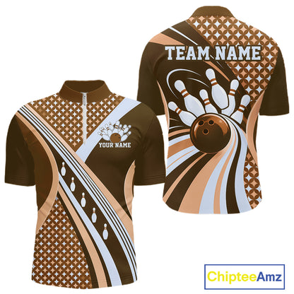 Custom Brown Classic Retro Matching Bowling Team League Shirt, Bowling Men Quarter Zip Shirt IPHW12364
