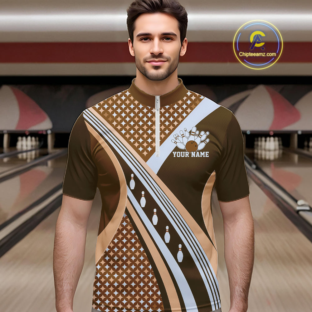 Custom Brown Classic Retro Matching Bowling Team League Shirt, Bowling Men Quarter Zip Shirt IPHW12364