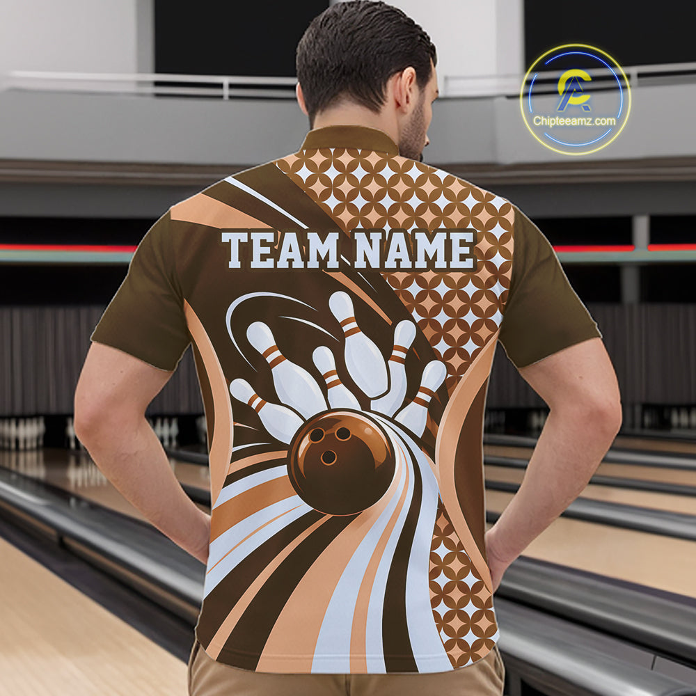 Custom Brown Classic Retro Matching Bowling Team League Shirt, Bowling Men Quarter Zip Shirt IPHW12364