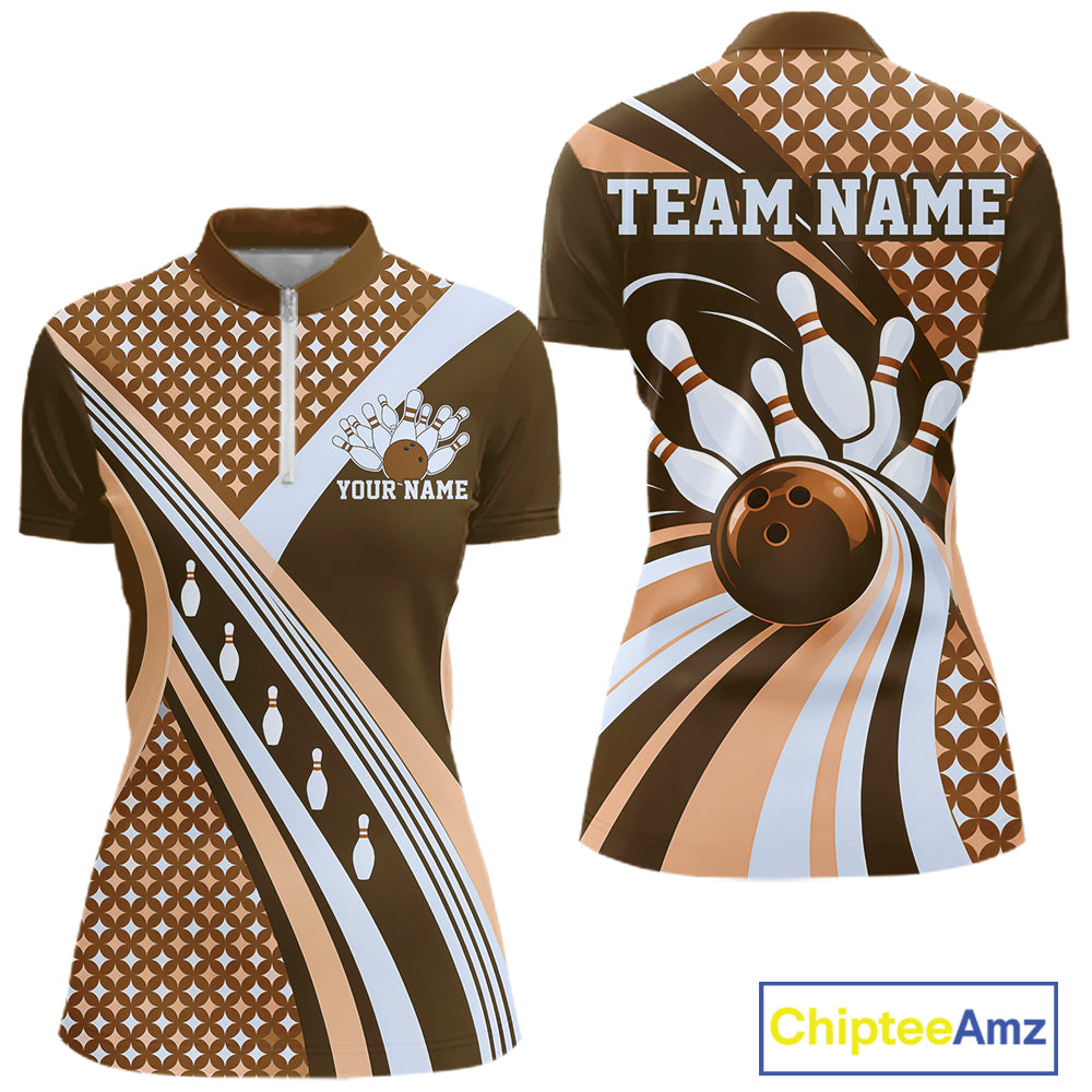 Custom Brown Classic Retro Matching Bowling Team Shirt, Bowling Women Quarter-Zip Shirt IPHW12364