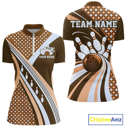 Custom Brown Classic Retro Matching Bowling Team Shirt, Bowling Women Quarter-Zip Shirt IPHW12364