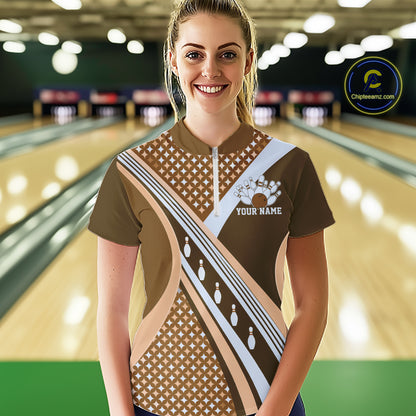 Custom Brown Classic Retro Matching Bowling Team Shirt, Bowling Women Quarter-Zip Shirt IPHW12364