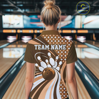 Custom Brown Classic Retro Matching Bowling Team Shirt, Bowling Women Quarter-Zip Shirt IPHW12364