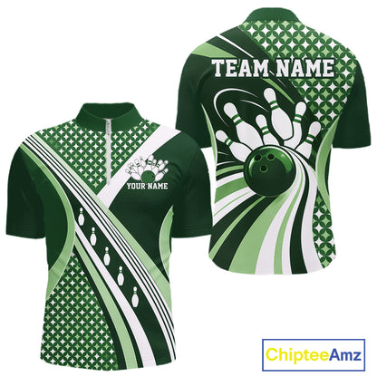 Custom Green Classic Retro Matching Bowling Team League Shirt, Bowling Men Quarter Zip Shirt IPHW12365