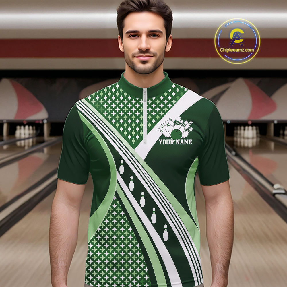 Custom Green Classic Retro Matching Bowling Team League Shirt, Bowling Men Quarter Zip Shirt IPHW12365
