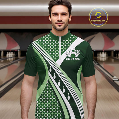 Custom Green Classic Retro Matching Bowling Team League Shirt, Bowling Men Quarter Zip Shirt IPHW12365