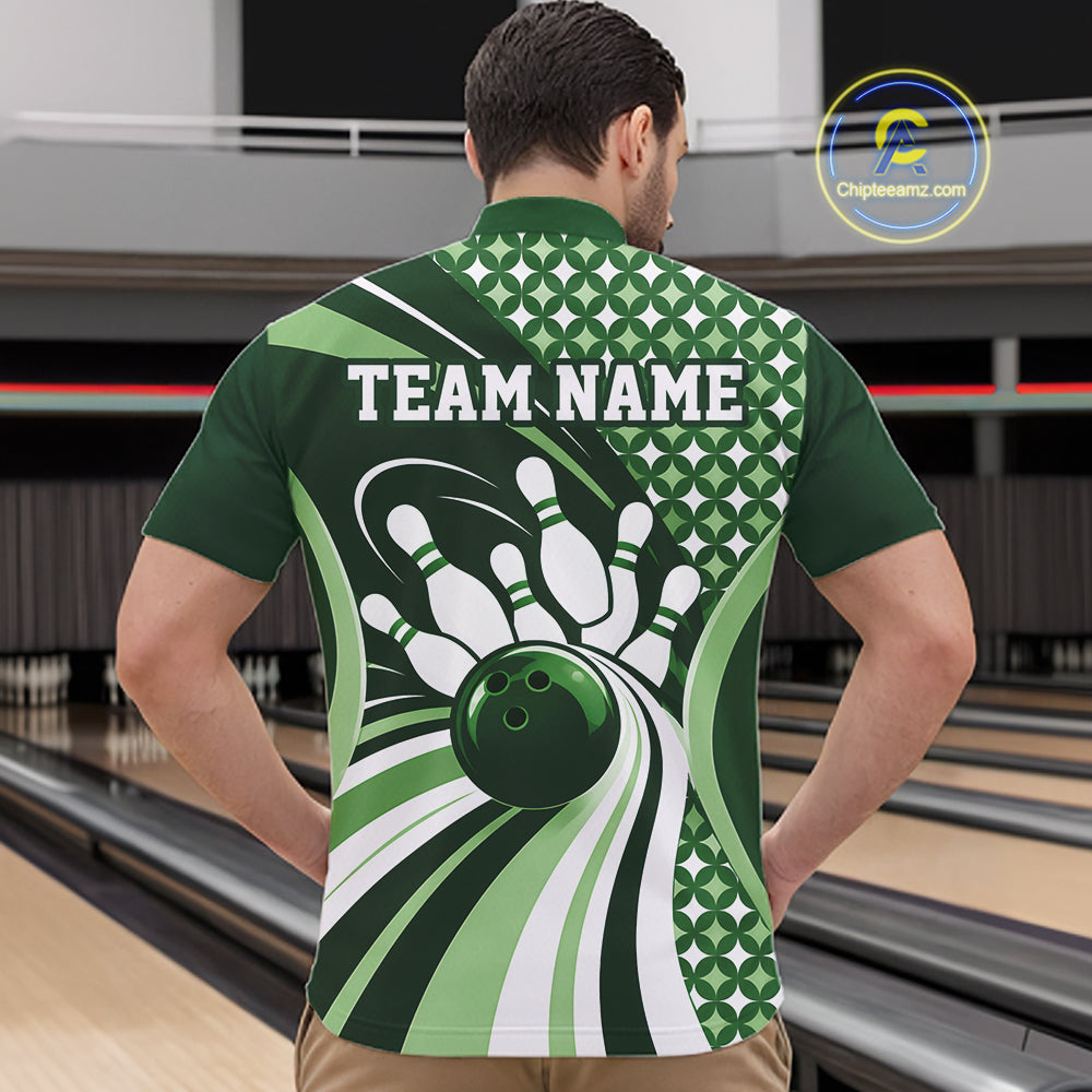 Custom Green Classic Retro Matching Bowling Team League Shirt, Bowling Men Quarter Zip Shirt IPHW12365