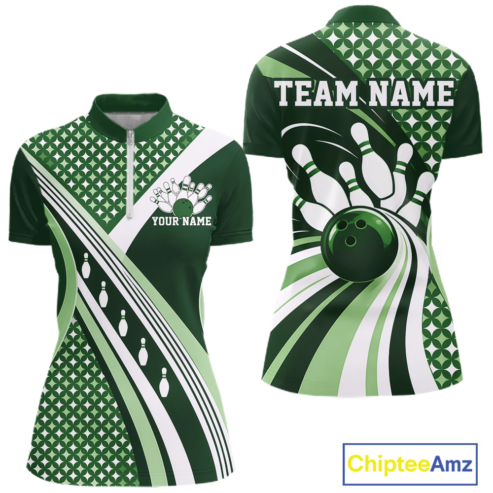 Custom Green Classic Retro Matching Bowling Team Shirt, Bowling Women Quarter-Zip Shirt IPHW12365