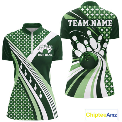 Custom Green Classic Retro Matching Bowling Team Shirt, Bowling Women Quarter-Zip Shirt IPHW12365