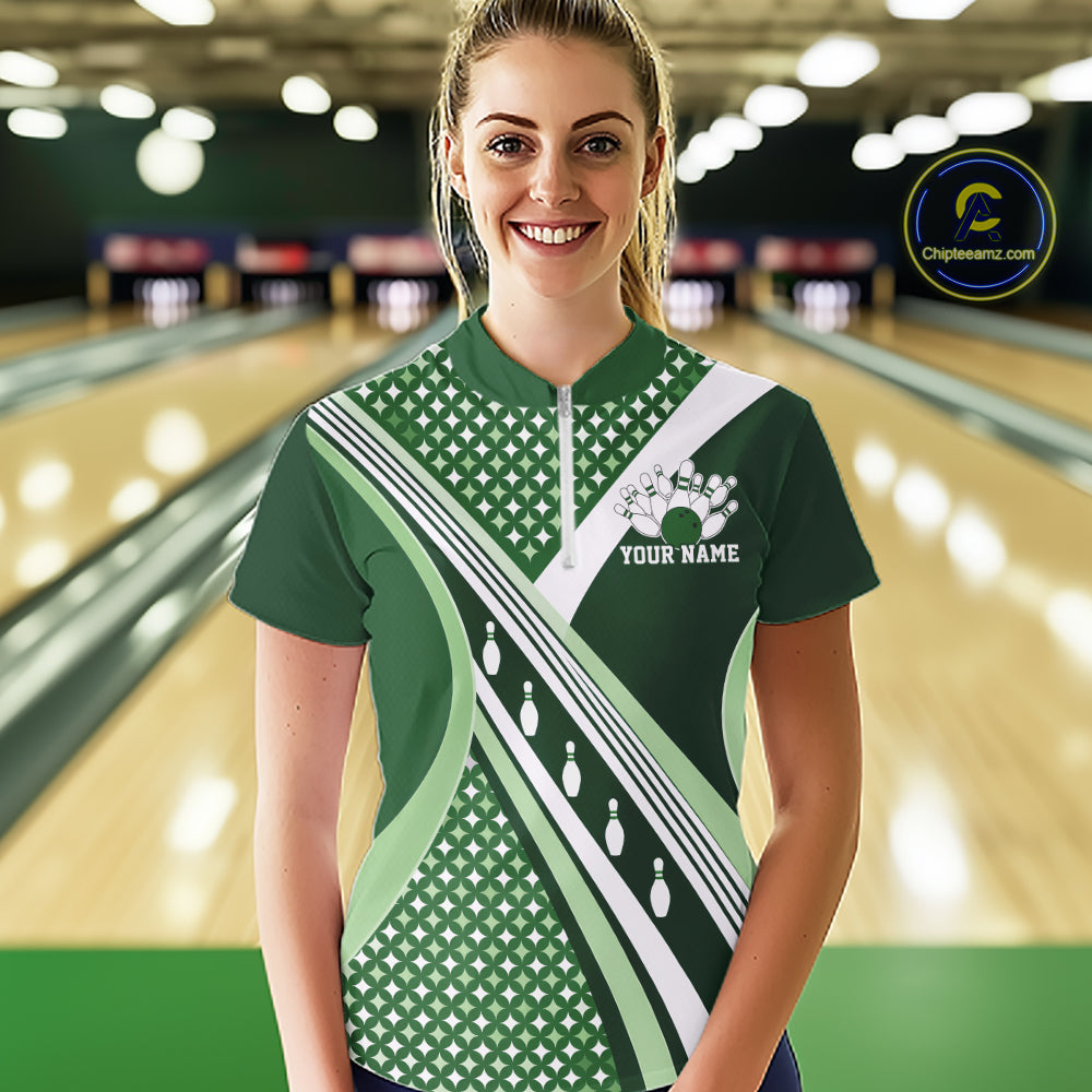 Custom Green Classic Retro Matching Bowling Team Shirt, Bowling Women Quarter-Zip Shirt IPHW12365