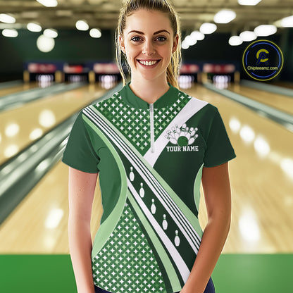 Custom Green Classic Retro Matching Bowling Team Shirt, Bowling Women Quarter-Zip Shirt IPHW12365