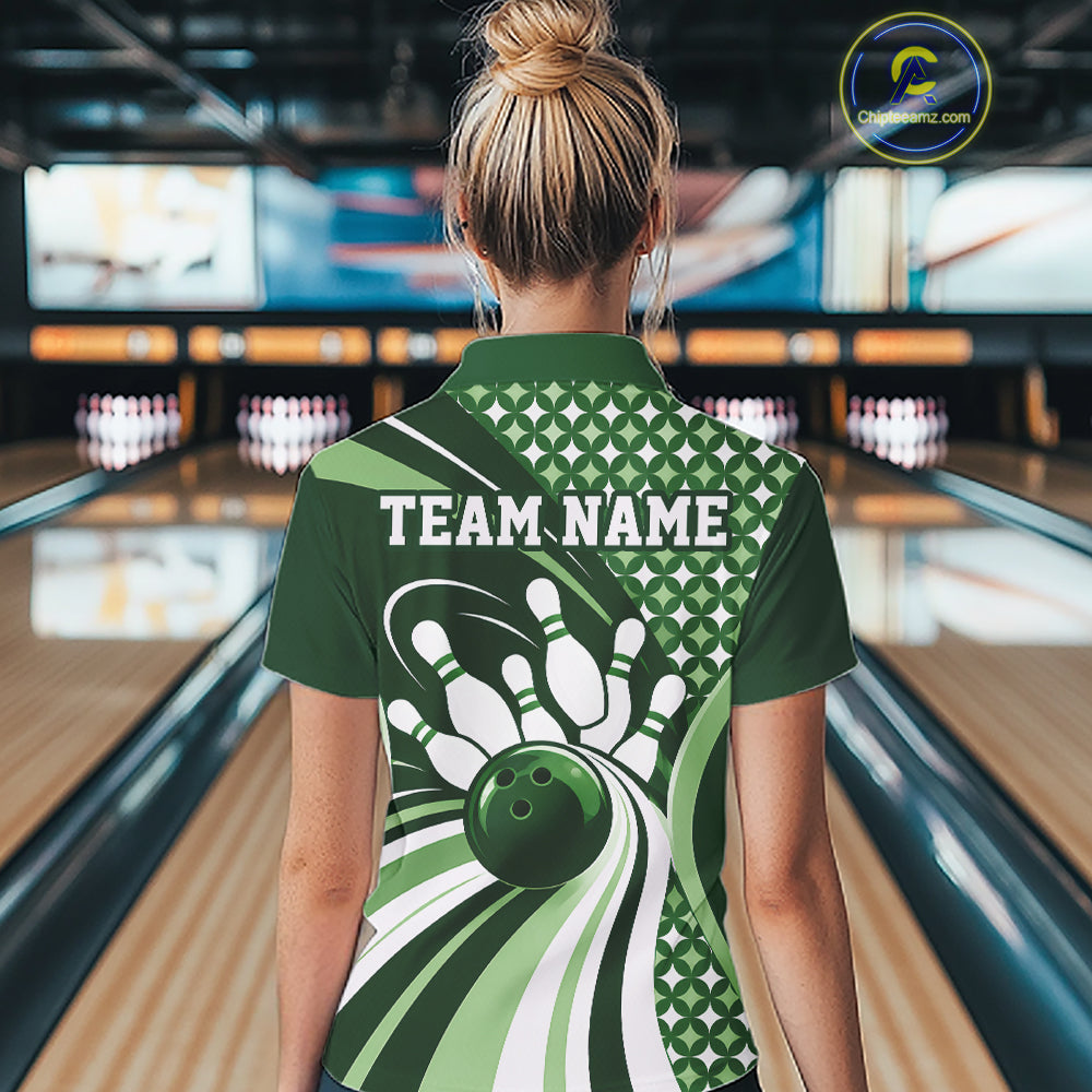 Custom Green Classic Retro Matching Bowling Team Shirt, Bowling Women Quarter-Zip Shirt IPHW12365