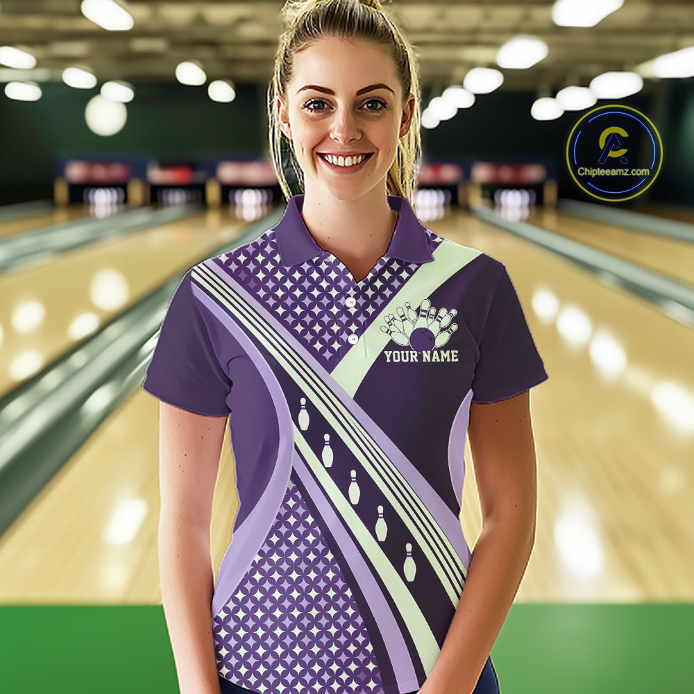 Custom Purple Classic Retro Matching Bowling Team League Shirt, Bowling Women Polo Shirt IPHW12366