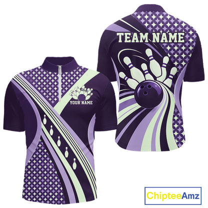 Custom Purple Classic Retro Matching Bowling Team League Shirt, Bowling Men Quarter Zip Shirt IPHW12366